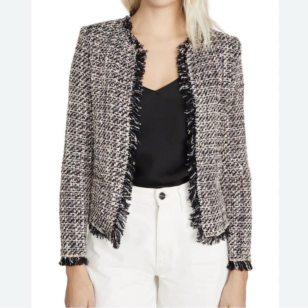 IRO Shavadispe Blazer Jacket Black & Pink Tweed Open Cardigan Fringe Hem